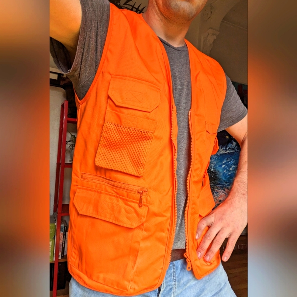 COPY - Orange neon vest with zipper and pockets for men size medium or large